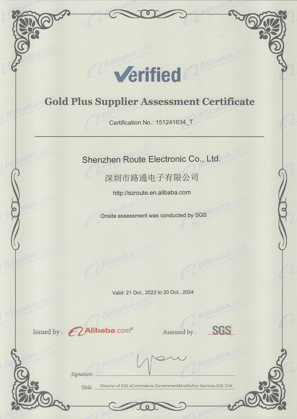 中国 Shenzhen Route Electronic Co., Ltd. 認証